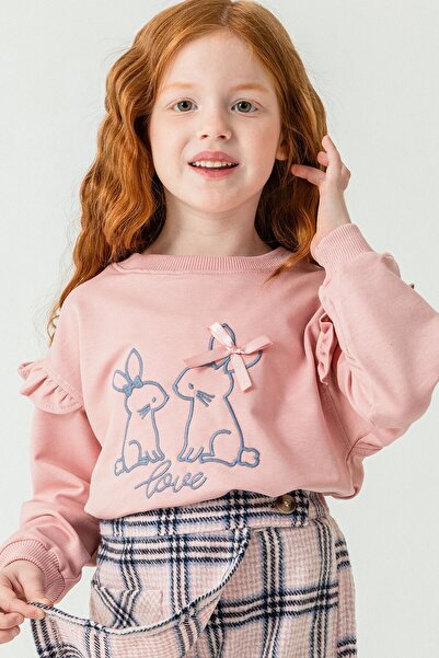 Cansın Mini Pink Girl's Rabbit Embroidered Plaid Pattern Shorts Skirt 2-Piece Set 21537