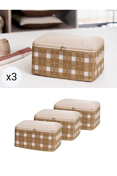 Genel Markalar 3'lü Bej Kare Desenli Valiz Düzenleyici Seti, Seyahat Organiza...