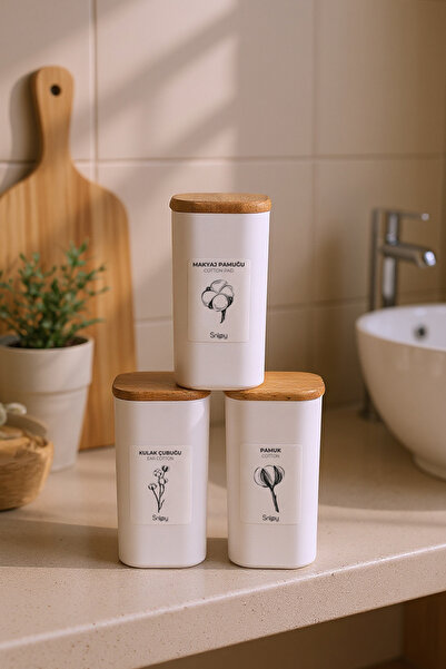 Snippy Luvo White - Organizator de baie din plastic cu capac de vid din lemn, pătrat, din 3 piese, cu etichetă