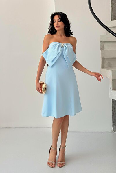 Serica Moda Baby Blue Bow Detailed Mini Evening Dress