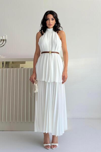 Serica Moda White Pleated Halter Neck Belted Dress