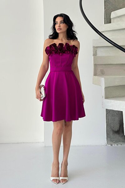 Serica Moda Rochie de seară mini din satin, fără bretele, fucsia