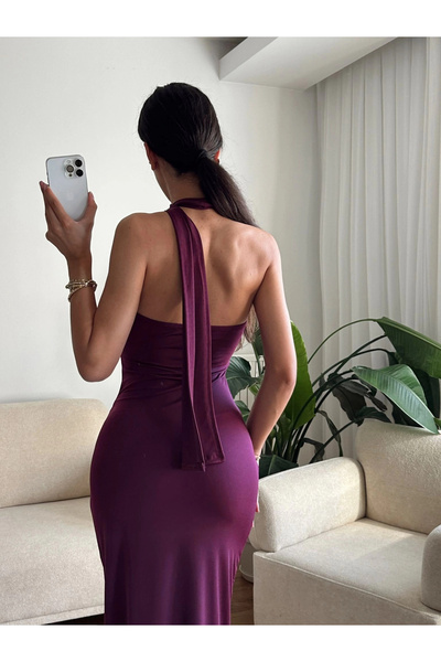 Zoom Butik Boyun Bağlamalı Drapeli Elbise - MOR