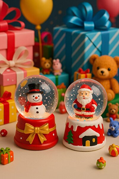 BiTon Toptan 2 Adet Led Işıklı Mini Kar Küresi 6,5 cm – Noel Baba & Kardan Adam Dekoratif Işıklı Biblo