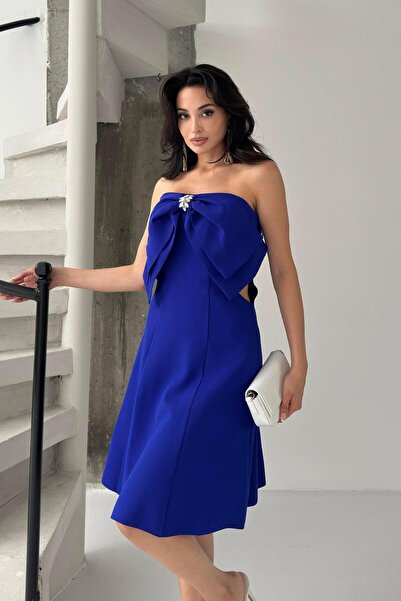 Serica Moda Saks Blue Bow Detailed Mini Evening Dress