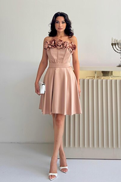 Serica Moda Bej Straplez Mini Saten Abiye Elbise