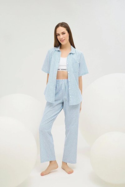 Sevim 16641 Blue and White Striped Woven Button-Down Shirt Pajama Set