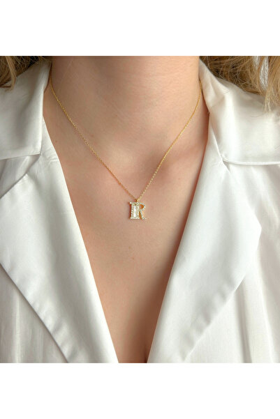 Şimal Silver 925 Ayar Gümüş Altın Kaplamalı Baget Taşlı - R - Harfi Kolye