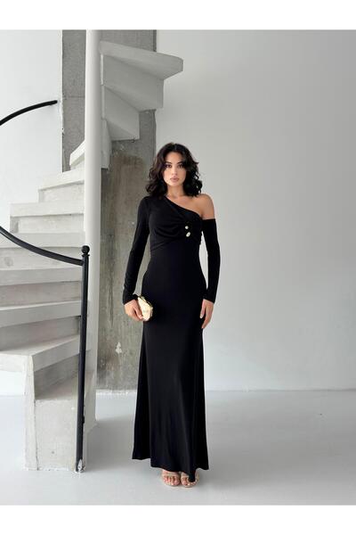 Serica Moda Off-Shoulder Long Dress with Black Stone Accessories