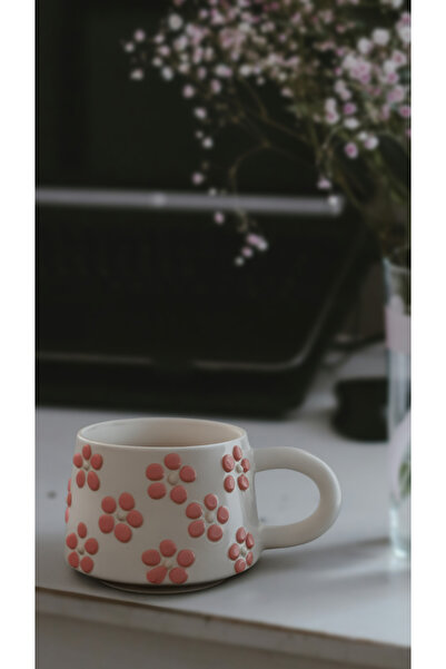 touchmughm Pink Daisy Patterned Special Embossed Hand-Painted Ceramic Mug, Double, Coffee Cup, Mug