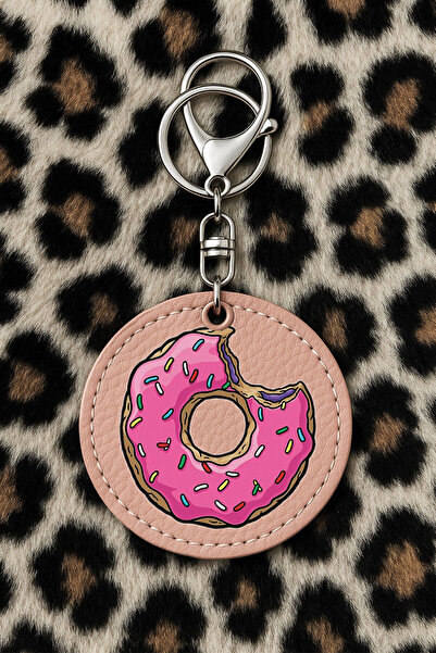 Cekuonline سلسلة مفاتيح جلدية قابلة للتجميع مع نقش مطبوع بتصميم مرح، لون وردي فاتح: دونات