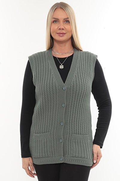 İKSUN Women's V-Neck Winter Thick Woolen Hair Knit Model Knitwear Button Mother Vest with Pockets