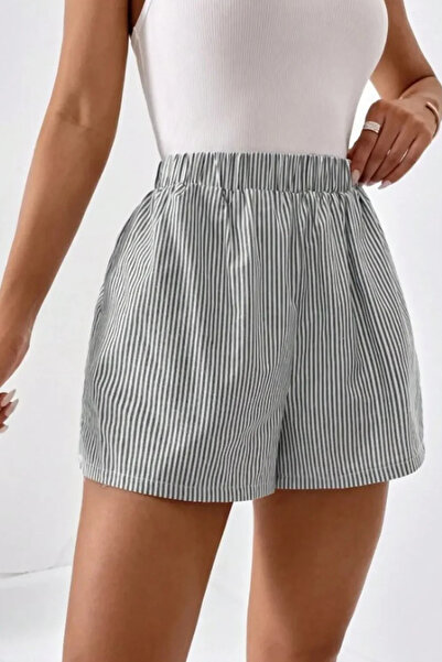 The Champ Clothing Women's Comfortable Fit Elastic Waist Side Slit Summer Poplin Sports Shorts – Gray, Striped, with Pockets