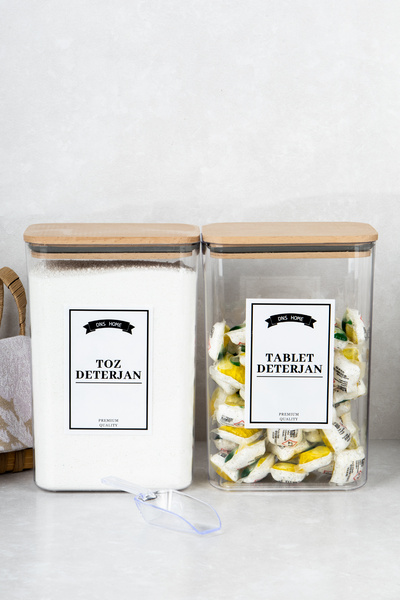 DNS HOME 2-Piece Wooden Vacuum Lid Tablet & Powder Detergent Storage Container with Scale Detergent Dispenser 3 Lt