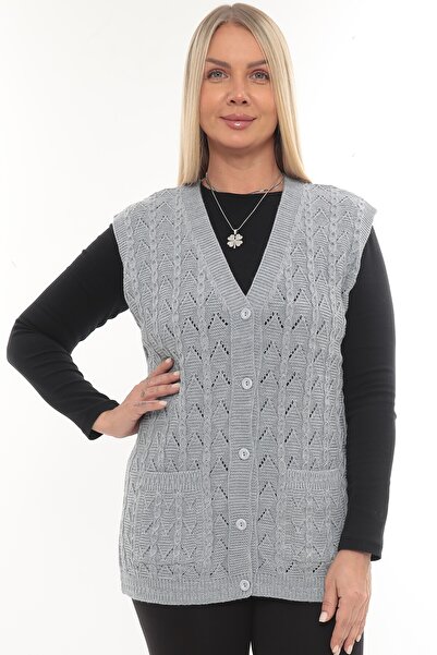 İKSUN Women's V-Neck Winter Thick Wool Chain Modeled Knitwear Buttoned Pocket Mother Vest