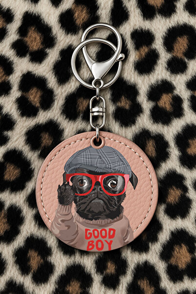 Cekuonline سلسلة مفاتيح جلدية قابلة للتجميع مع نقش مطبوع بتصميم مرح: نمط Pug Good Boy باللون الوردي الفاتح
