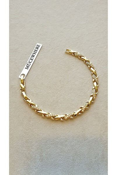 MÜCEWHERE 14k Xuping Altın Kaplama Xp Mühürlü Zirkon Taş Detaylı bileklik 17+2 cm Kararma Solma Yapmaz