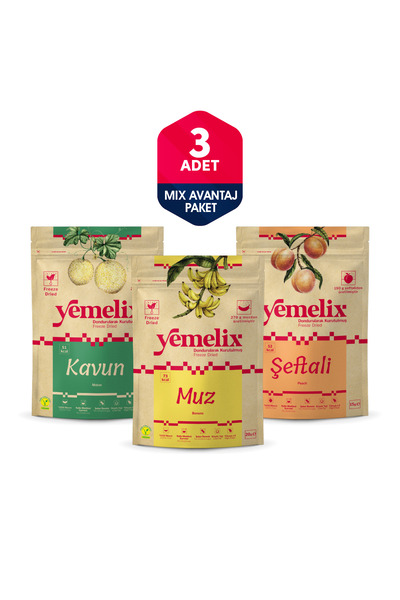 Freeze Dried 3'lü Mix Avantaj Paketi Dondurularak Kurutulmuş Kavun-Muz-Şeftali Kuru Meyve Cipsi
