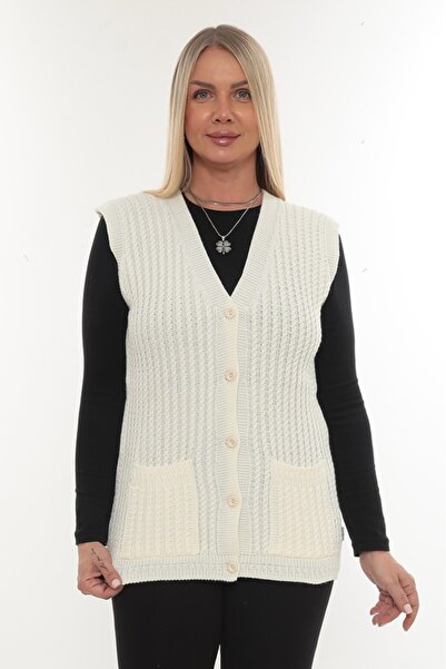 İKSUN Women's V-Neck Winter Thick Woolen Hair Knit Model Knitwear Button Mother Vest with Pockets