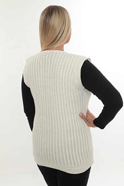 İKSUN Women's V-Neck Winter Thick Woolen Hair Knit Model Knitwear Button Mother Vest with Pockets