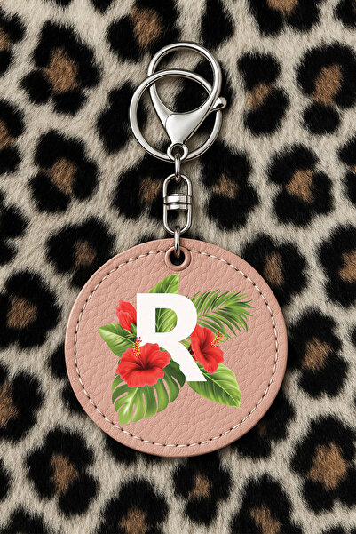 Cekuonline Collectible Leather Keychain with Humorous Print and Hook Powderpink Pattern: Botanical Letter R
