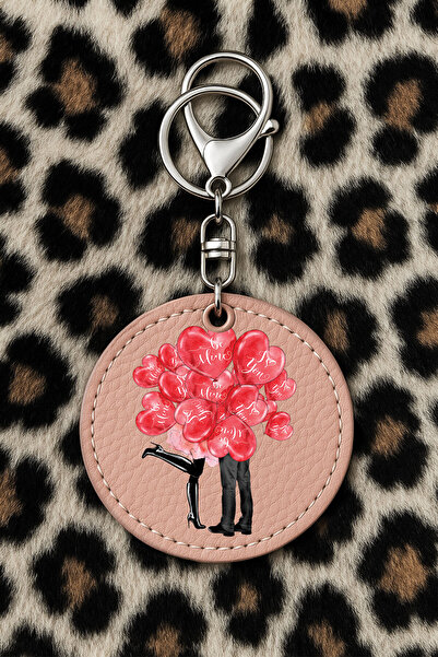 Cekuonline سلسلة مفاتيح جلدية قابلة للتجميع مع نقش مطبوع بتصميم مرح، نمط وردي فاتح: أنت وأنا