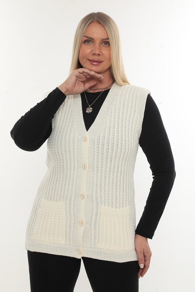 İKSUN Women's V-Neck Winter Thick Woolen Hair Knit Model Knitwear Button Mother Vest with Pockets
