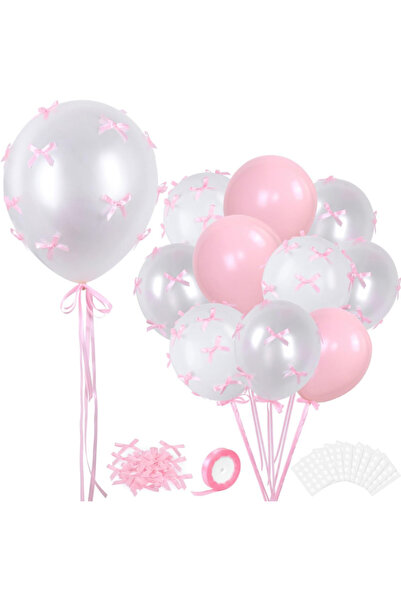 Çemrek Süs Parti حزمة بالونات على شكل فيونكة باللونين الوردي والأبيض مكونة من...