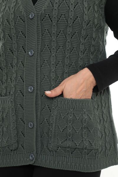 İKSUN Kadın V Yaka Kışlık Kalın Yün Zincir Modelli Triko Düğmeli Cepli Anne Yelek