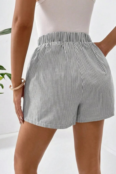 The Champ Clothing Women's Comfortable Fit Elastic Waist Side Slit Summer Poplin Sports Shorts – Gray, Striped, with Pockets
