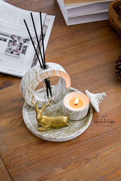 jeane home decor Altın Gold Geyik Oda Kokusu Kapaklı Mumluk Seti Hediyelik De...