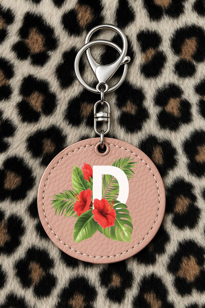 Cekuonline سلسلة مفاتيح جلدية قابلة للتجميع مع نقش مطبوع بتصميم مرح، نمط وردي فاتح: حرف D نباتي