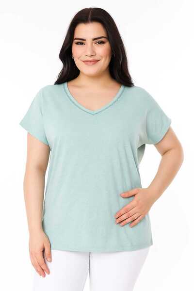 Şans Women's Plus Size Light Blue, Collar Hole Detail, Washable Fabric, V-Neck Blouse 65N39137