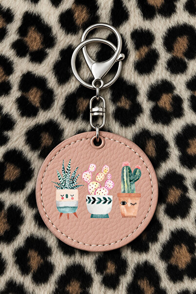 Cekuonline سلسلة مفاتيح جلدية قابلة للتجميع مع نقش مطبوع بتصميم مرح، لون وردي فاتح مع خطاف: حديقة الصبار