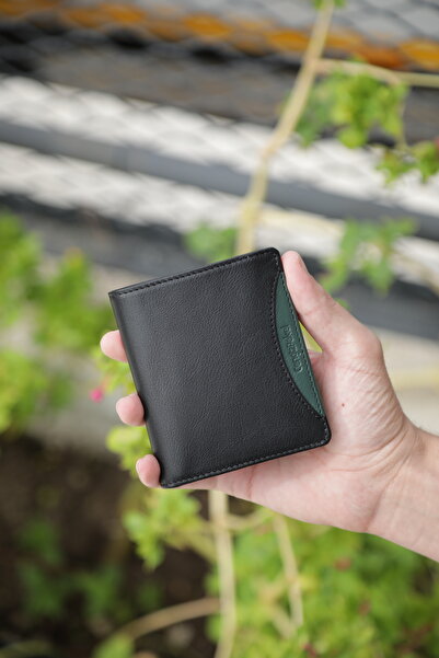CENGİZ PAKEL Cengiz Pakel Black/Green Genuine Leather Men's Wallet – Multi-Card Minimal Model