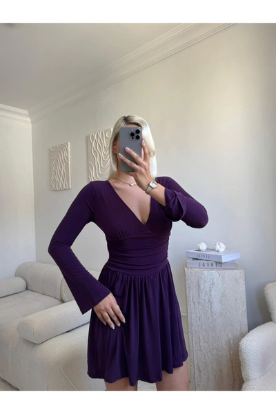 Zora Butik Pileli Kruvaze Şortlu Elbise - MOR