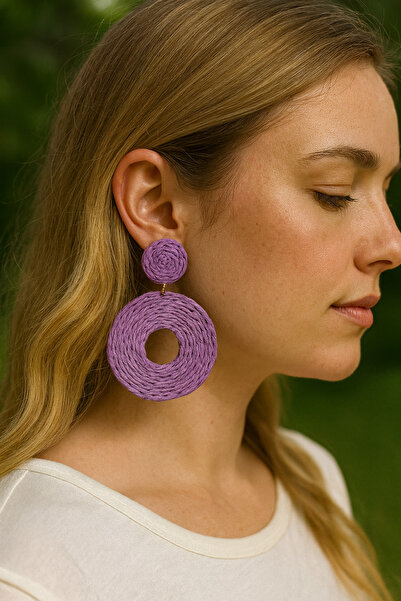 MD Moda Accessories Mor Hasır Yuvarlak Bambu Küpe