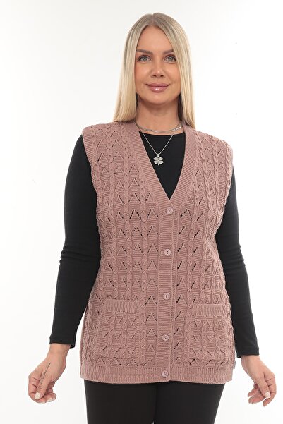 İKSUN Women's V-Neck Winter Thick Wool Chain Modeled Knitwear Buttoned Pocket Mother Vest