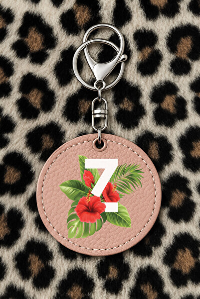 Cekuonline سلسلة مفاتيح جلدية قابلة للتجميع مطبوعة بتصميم مرحة مع خطاف، نمط وردي فاتح: حرف Z نباتي