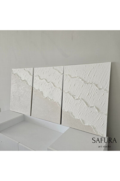 Safura Art Studio Dokulu Tablo – El Yapımı 3 Boyutlu Alçı Minimalist Doku, Soyut Modern Kabartma (Dalga No:2 - Üçlü)
