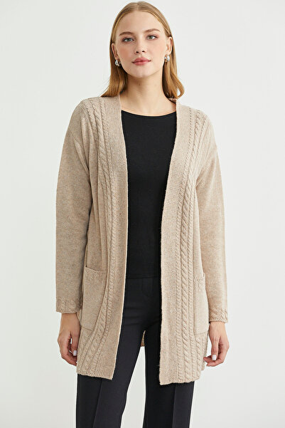 Sementa Büyük Beden Cepli Uzun Triko Hırka - Vizon