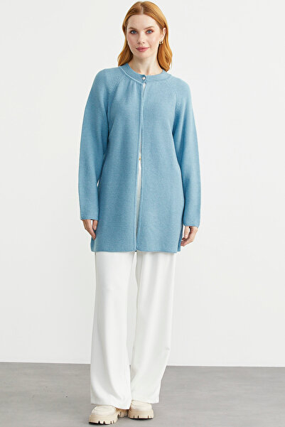 Sementa Sıfır Yaka Yünlü Uzun Triko Hırka - Mavi