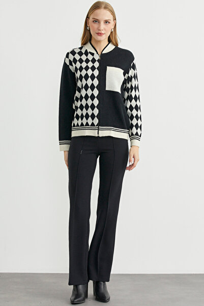 Sementa Zippered Diamond Motif Knitwear Cardigan - Stone