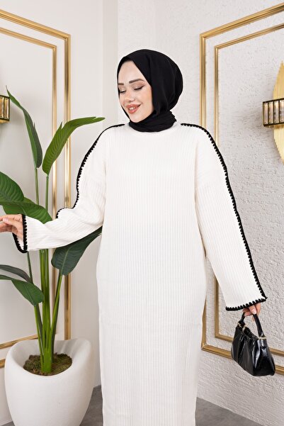 Eliva Women's Ecru White Shoulder Striped Winter Knitwear Hijab Dress