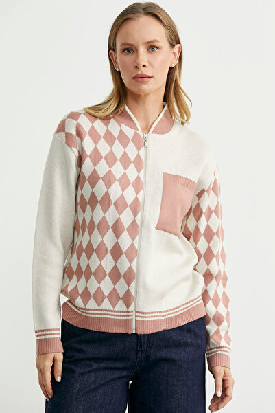 Sementa Zippered Diamond Motif Knitwear Cardigan - Rose