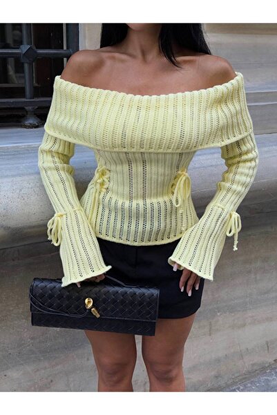 Friday Mood Women's Spanish Sleeve Madonna Collar Lace Detailed Knitwear Sweater