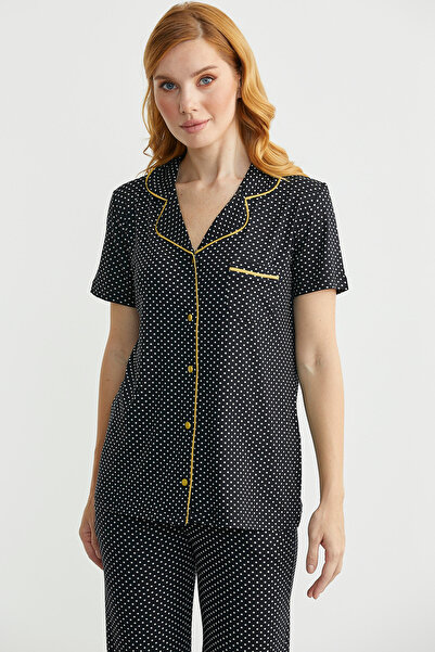 Sementa Buttoned Polka Dot Patterned Shirt Pajama Set - Black