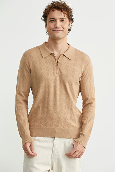 Sementa Zippered Polo Neck Knitwear Sweater - Beige