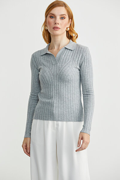 Sementa Polo Yaka Fitilli Triko Kazak - Gri