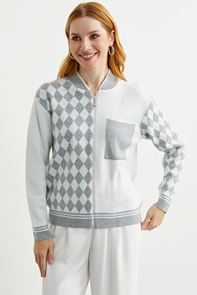 Sementa Zippered Diamond Motif Knitwear Cardigan - Gray